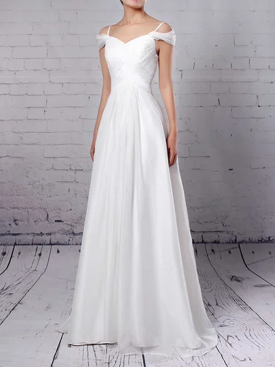 A-line V-neck Chiffon Sweep Train Wedding Dresses With Ruffles #UKM00023198
