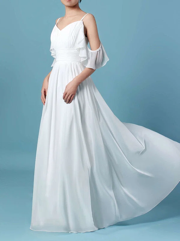 A-line V-neck Chiffon Sweep Train Wedding Dresses With Sashes / Ribbons #UKM00023303