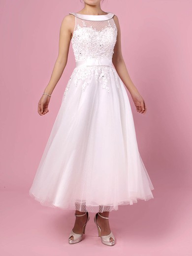 Ball Gown Illusion Tulle Tea-length Wedding Dresses With Beading #UKM00023272