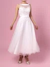 Ball Gown Illusion Tulle Tea-length Wedding Dresses With Beading #UKM00023272