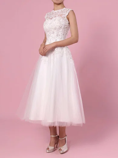 Ball Gown/Princess Illusion Tulle Tea-length Wedding Dresses With Appliques Lace #UKM00023274