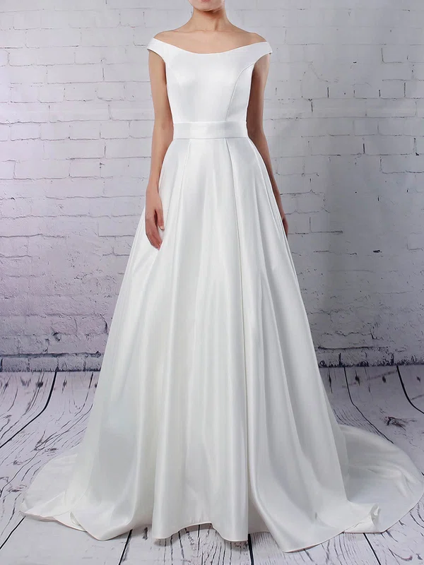 Ball Gown Off-the-shoulder Satin Sweep Train Wedding Dresses With Pockets #UKM00023169