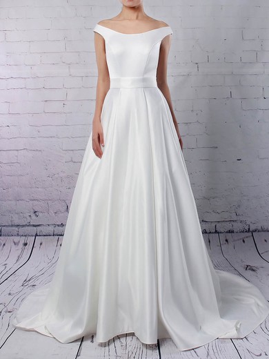 Satin Off-the-shoulder Ball Gown Sweep Train Sashes / Ribbons Wedding Dresses #UKM00023169