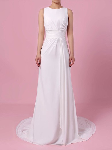 A-line Scoop Neck Chiffon Sweep Train Wedding Dresses With Appliques Lace #UKM00023257