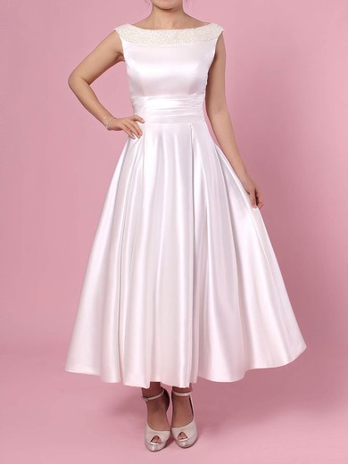 A-line Scoop Neck Satin Tea-length Wedding Dresses With Bow #UKM00023269