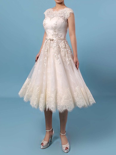 Lace Tulle Scoop Neck A-line Knee-length Appliques Lace Wedding Dresses #UKM00023302