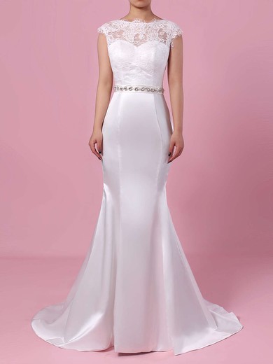 Trumpet/Mermaid Illusion Lace Satin Sweep Train Wedding Dresses With Beading #UKM00023227