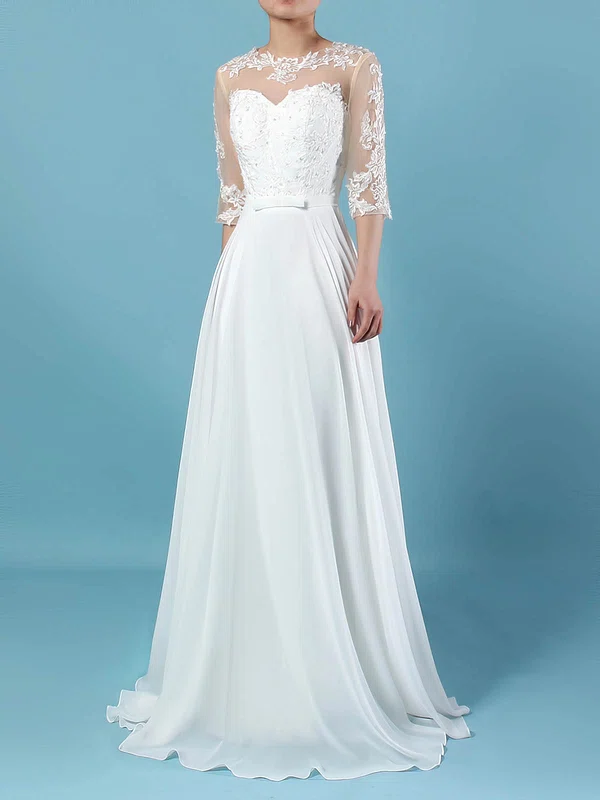 A-line Illusion Chiffon Floor-length Wedding Dresses With Appliques Lace #UKM00023279