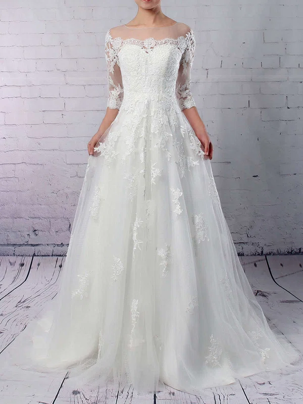 Tulle Scoop Neck Princess Sweep Train Appliques Lace Wedding Dresses ...
