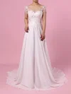 A-line Illusion Chiffon Sweep Train Wedding Dresses With Beading #UKM00023165