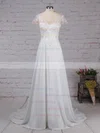 Chiffon Tulle Scoop Neck A-line Sweep Train Beading Wedding Dresses #UKM00023165
