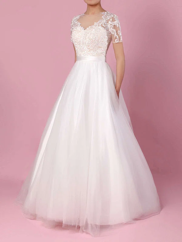 Ball Gown Illusion Tulle Sweep Train Wedding Dresses With Appliques Lace #UKM00023225