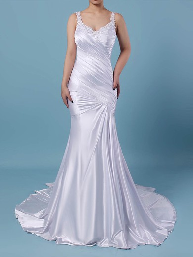 Trumpet/Mermaid V-neck Silk-like Satin Sweep Train Wedding Dresses With Beading #UKM00023242