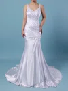 Trumpet/Mermaid V-neck Silk-like Satin Sweep Train Wedding Dresses With Beading #UKM00023242