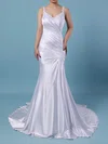Tulle Silk-like Satin V-neck Trumpet/Mermaid Sweep Train Beading Wedding Dresses #UKM00023242