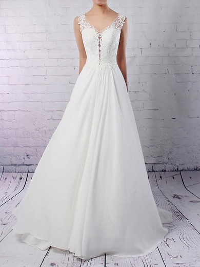 A-line V-neck Chiffon Court Train Wedding Dresses With Appliques Lace #UKM00023244
