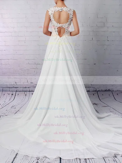 A line V neck Chiffon Court Train Wedding Dresses With Appliques Lace