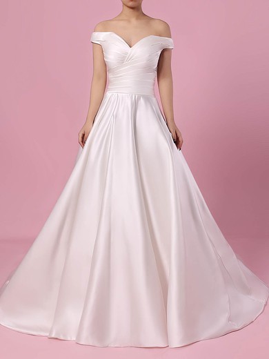 Satin Off-the-shoulder Ball Gown Sweep Train Ruffles Wedding Dresses #UKM00023252