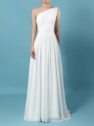 A-line One Shoulder Chiffon Sweep Train Wedding Dresses With Beading #UKM00023261