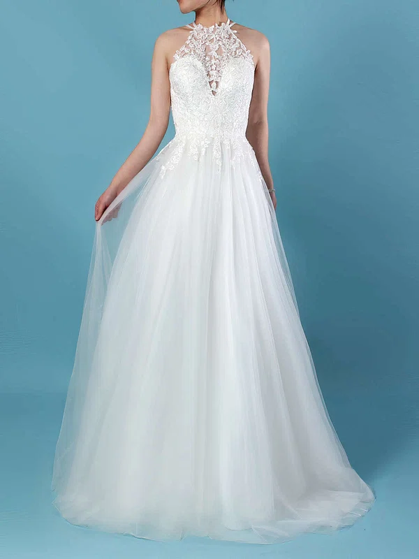 Tulle Scoop Neck A-line Sweep Train Appliques Lace Wedding Dresses #UKM00023266