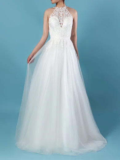 Ball Gown/Princess Illusion Tulle Sweep Train Wedding Dresses With Appliques Lace #UKM00023266