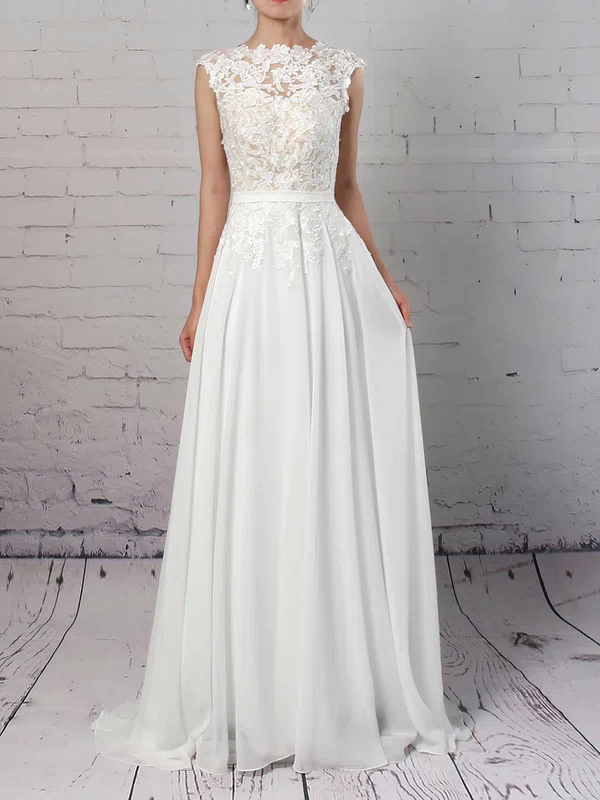 A-line Illusion Lace Chiffon Sweep Train Wedding Dresses With Sequins #UKM00023294