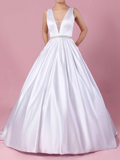 Ball Gown V-neck Satin Court Train Wedding Dresses With Pockets #UKM00023311