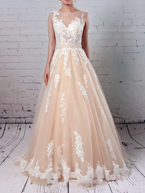 Tulle Scoop Neck Ball Gown Sweep Train Beading Wedding Dresses #UKM00023186