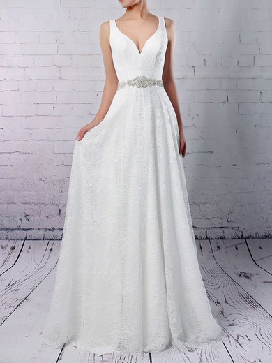 A-line V-neck Lace Sweep Train Wedding Dresses With Sashes / Ribbons #UKM00023210