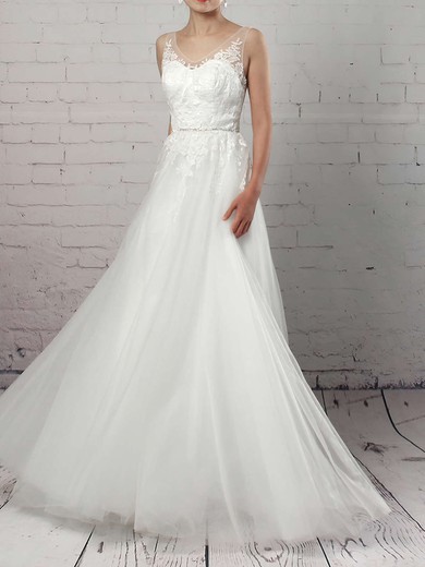 Ball Gown V-neck Tulle Sweep Train Wedding Dresses With Appliques Lace #UKM00023215