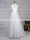 Tulle V-neck A-line Sweep Train Appliques Lace Wedding Dresses #UKM00023215