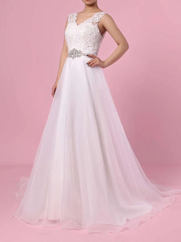 Chiffon V-neck Princess Sweep Train Appliques Lace Wedding Dresses #UKM00023282