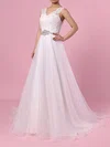 Ball Gown V-neck Tulle Sweep Train Wedding Dresses With Appliques Lace #UKM00023282