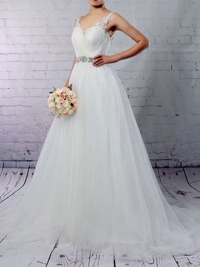 Ball Gown V-neck Tulle Sweep Train Wedding Dresses With Appliques Lace #UKM00023288