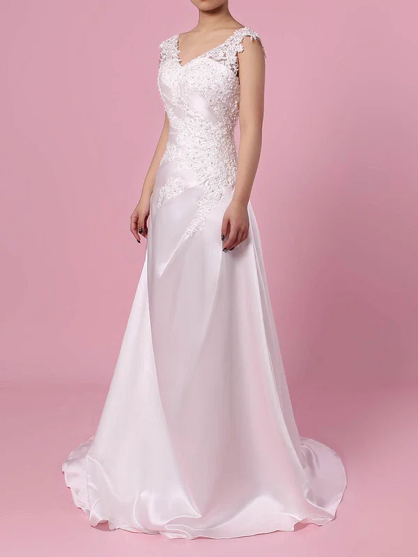 A-line V-neck Satin Sweep Train Wedding Dresses With Appliques Lace #UKM00023301