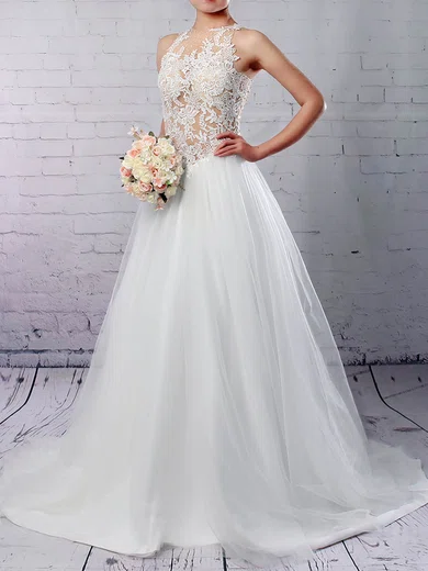 Ball Gown/Princess Illusion Tulle Sweep Train Wedding Dresses With Appliques Lace #UKM00023309