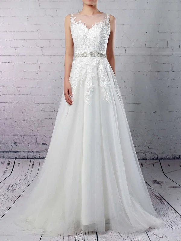 Ball Gown Illusion Tulle Sweep Train Wedding Dresses With Appliques Lace #UKM00023318