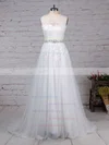 Tulle Scoop Neck A-line Sweep Train Appliques Lace Wedding Dresses #UKM00023318