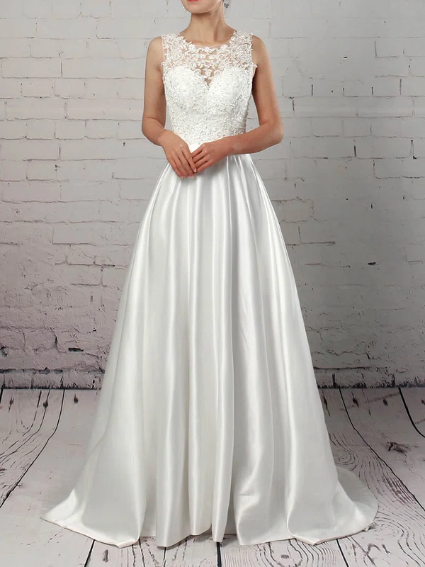 Ball Gown Illusion Satin Sweep Train Wedding Dresses With Pockets #UKM00023319
