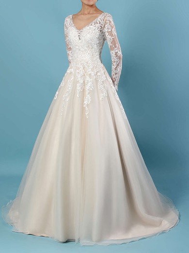 Ball Gown V-neck Tulle Court Train Wedding Dresses With Beading #UKM00023154