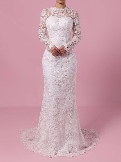 Sheath/Column Illusion Lace Sweep Train Wedding Dresses #UKM00023193