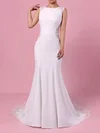 Tulle Satin Chiffon Scoop Neck Trumpet/Mermaid Sweep Train Appliques Lace Wedding Dresses #UKM00023278