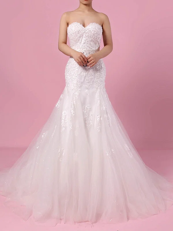 Trumpet/Mermaid Sweetheart Tulle Court Train Wedding Dresses With Appliques Lace #UKM00023150