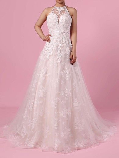 Ball Gown Illusion Tulle Sweep Train Wedding Dresses With Appliques Lace #UKM00023159