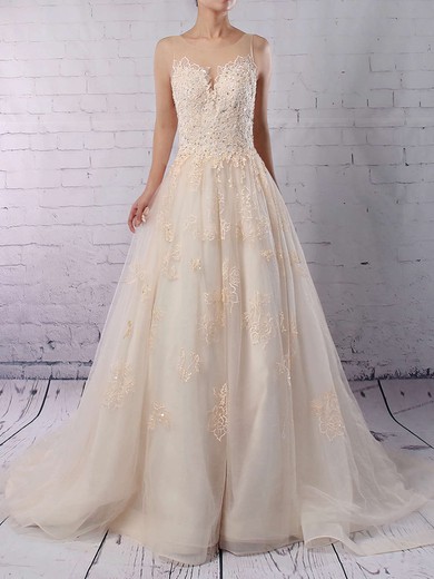Ball Gown Illusion Tulle Sweep Train Wedding Dresses With Appliques Lace #UKM00023173