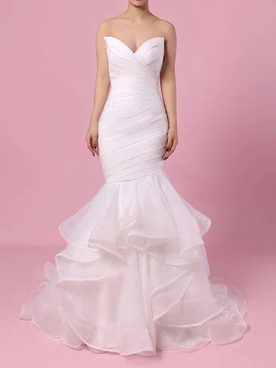 Trumpet/Mermaid V-neck Organza Sweep Train Wedding Dresses With Cascading Ruffles #UKM00023190