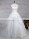 Organza Tulle Scoop Neck Ball Gown Sweep Train Appliques Lace Wedding Dresses #UKM00023192