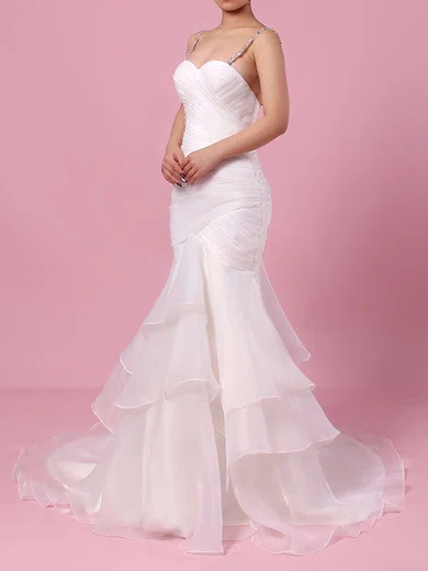 Trumpet/Mermaid Sweetheart Organza Sweep Train Wedding Dresses With Cascading Ruffles #UKM00023217