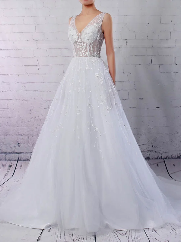 Ball Gown V-neck Tulle Sweep Train Wedding Dresses With Beading #UKM00023221
