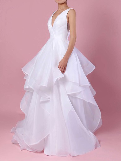 Ball Gown V-neck Organza Sweep Train Wedding Dresses With Cascading Ruffles #UKM00023222